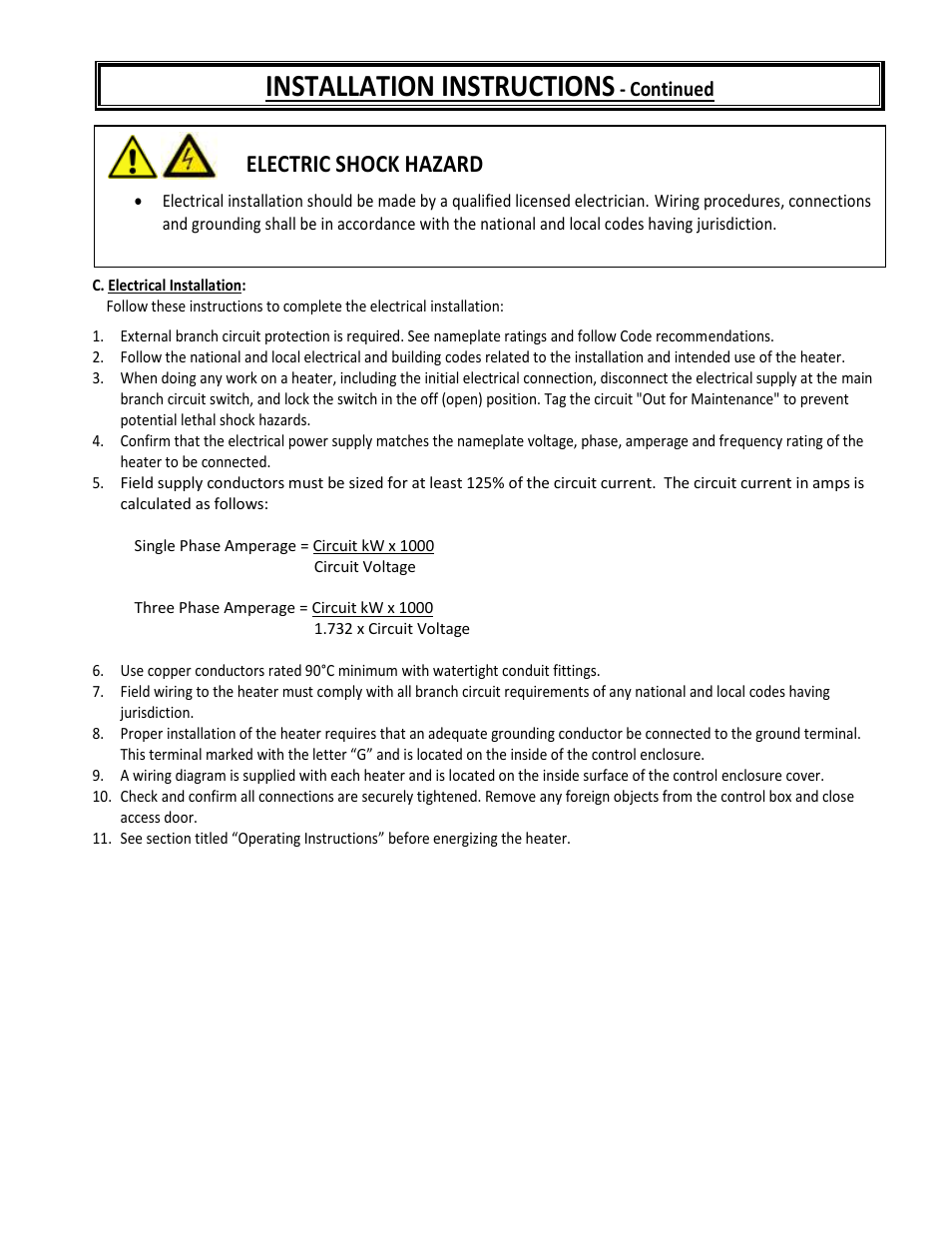 Installation instructions, Electric shock hazard, Continued | Reznor EWHB Unit Installation Manual User Manual | Page 6 / 9