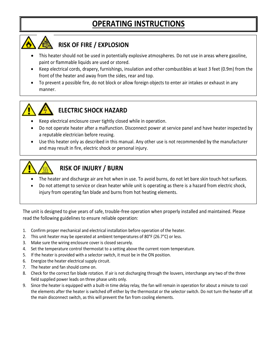 Operating instructions, Risk of fire / explosion, Electric shock hazard | Risk of injury / burn | Reznor EWHB Unit Installation Manual User Manual | Page 7 / 9