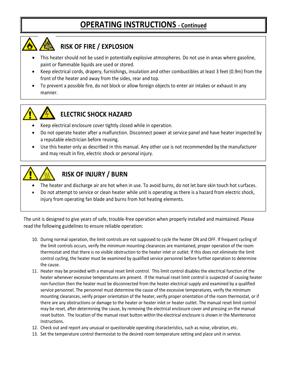 Operating instructions, Risk of fire / explosion, Electric shock hazard | Risk of injury / burn | Reznor EWHB Unit Installation Manual User Manual | Page 8 / 9