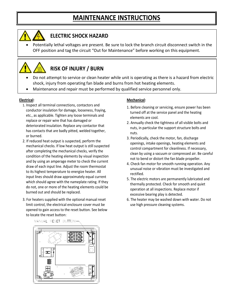 Maintenance instructions, Electric shock hazard, Risk of injury / burn | Reznor EWHB Unit Installation Manual User Manual | Page 9 / 9