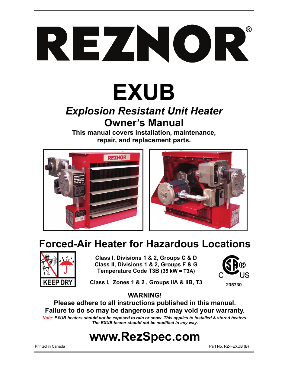 Reznor EXUB Unit Installation Manual User Manual | 16 pages
