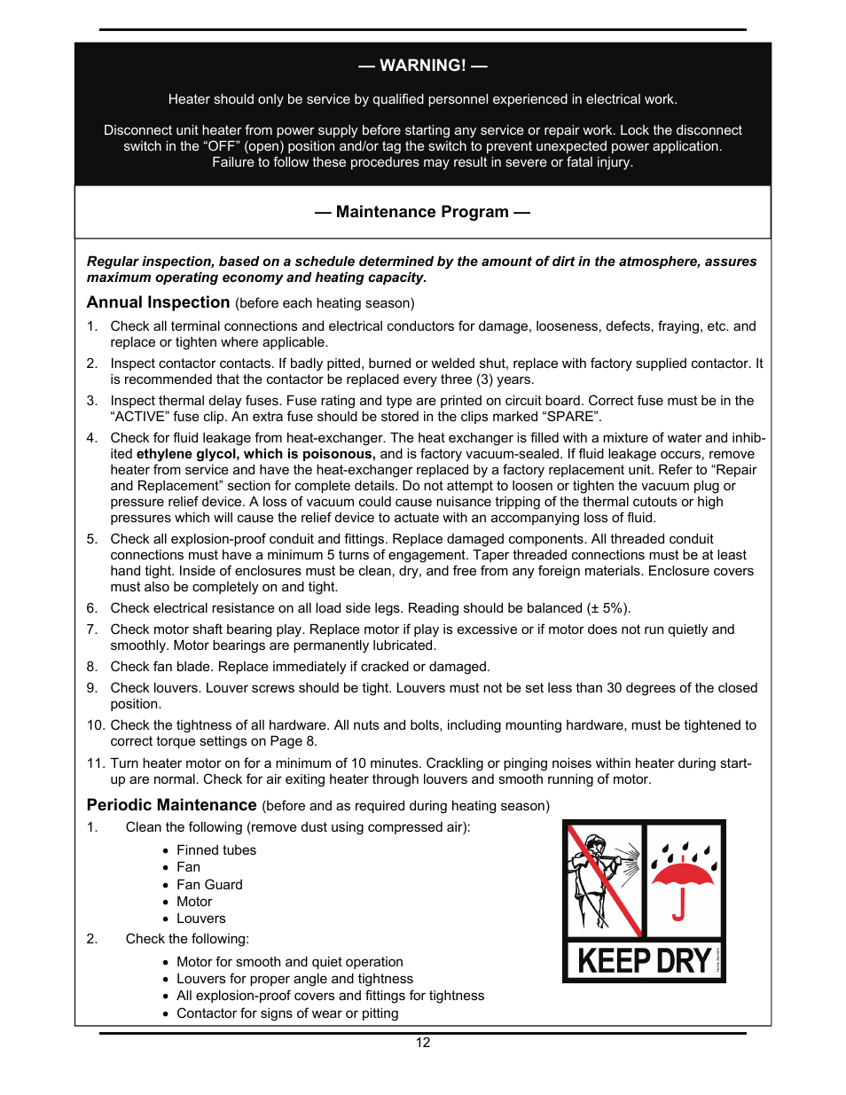Annual inspection, Periodic maintenance, Warning | Maintenance program | Reznor EXUB Unit Installation Manual User Manual | Page 12 / 16