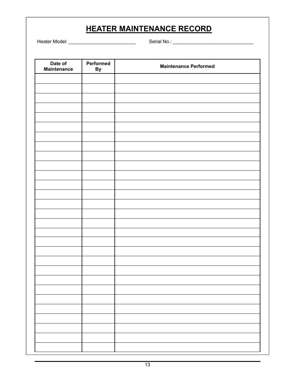 Heater maintenance record | Reznor EXUB Unit Installation Manual User Manual | Page 13 / 16