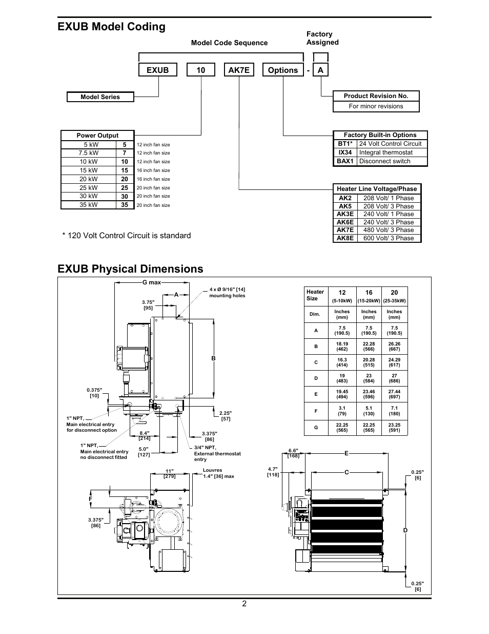 Exub physical dimensions, Exub model coding, 120 volt control circuit is standard | Exub 10 ak7e options - a, Factory assigned, Model code sequence | Reznor EXUB Unit Installation Manual User Manual | Page 2 / 16