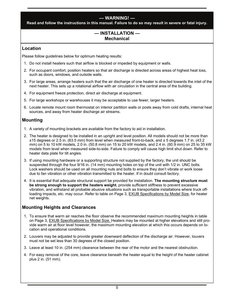Warning, Installation — mechanical, Location | Mounting, Mounting heights and clearances | Reznor EXUB Unit Installation Manual User Manual | Page 5 / 16