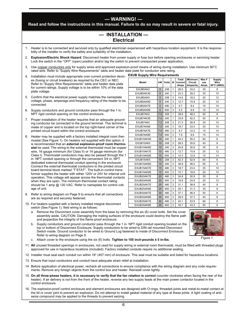 Installation — electrical, Warning | Reznor EXUB Unit Installation Manual User Manual | Page 6 / 16