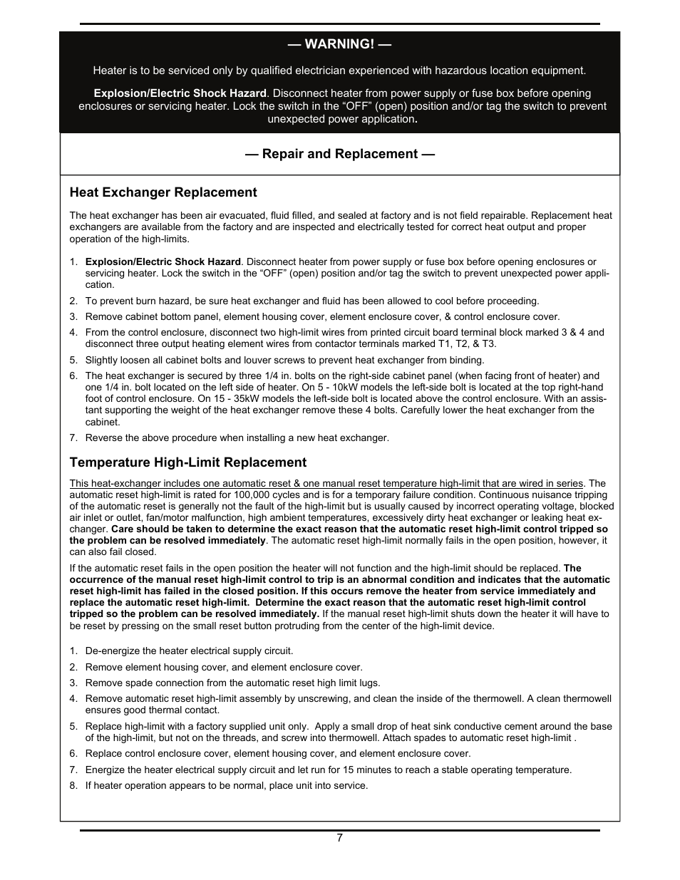 Heat exchanger replacement, Temperature high-limit replacement, Warning | Repair and replacement | Reznor EXUB Unit Installation Manual User Manual | Page 7 / 16