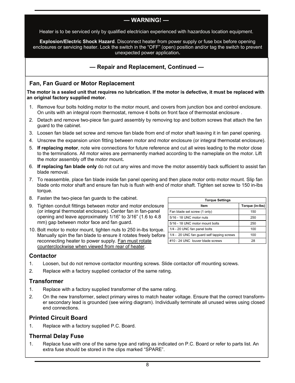 Fan, fan guard or motor replacement, Contactor, Transformer | Printed circuit board, Thermal delay fuse, Warning, Repair and replacement, continued | Reznor EXUB Unit Installation Manual User Manual | Page 8 / 16