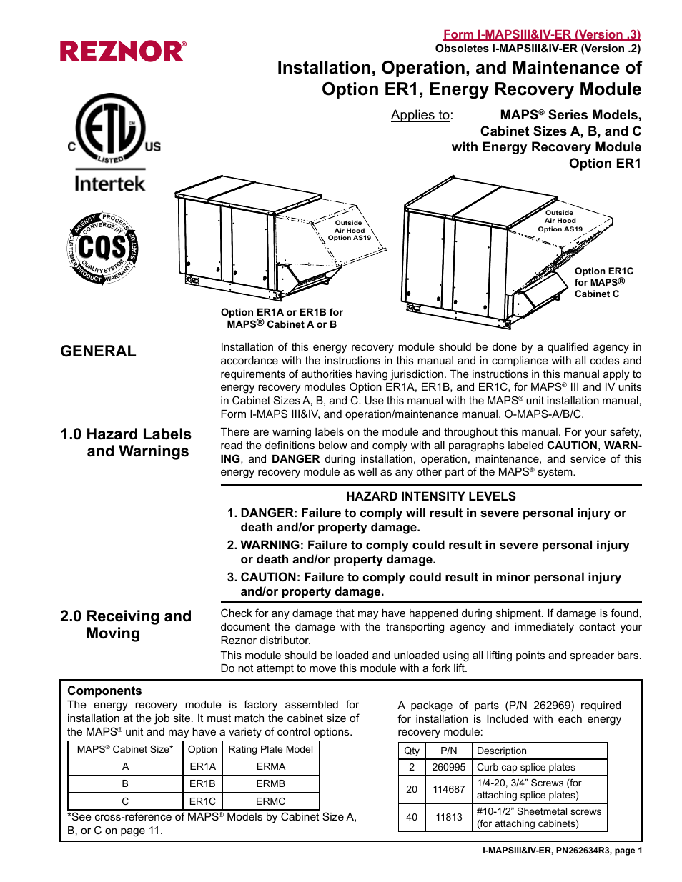 Reznor MAPS IV Option - Installation - Energy Recovery Module Installation User Manual | 12 pages