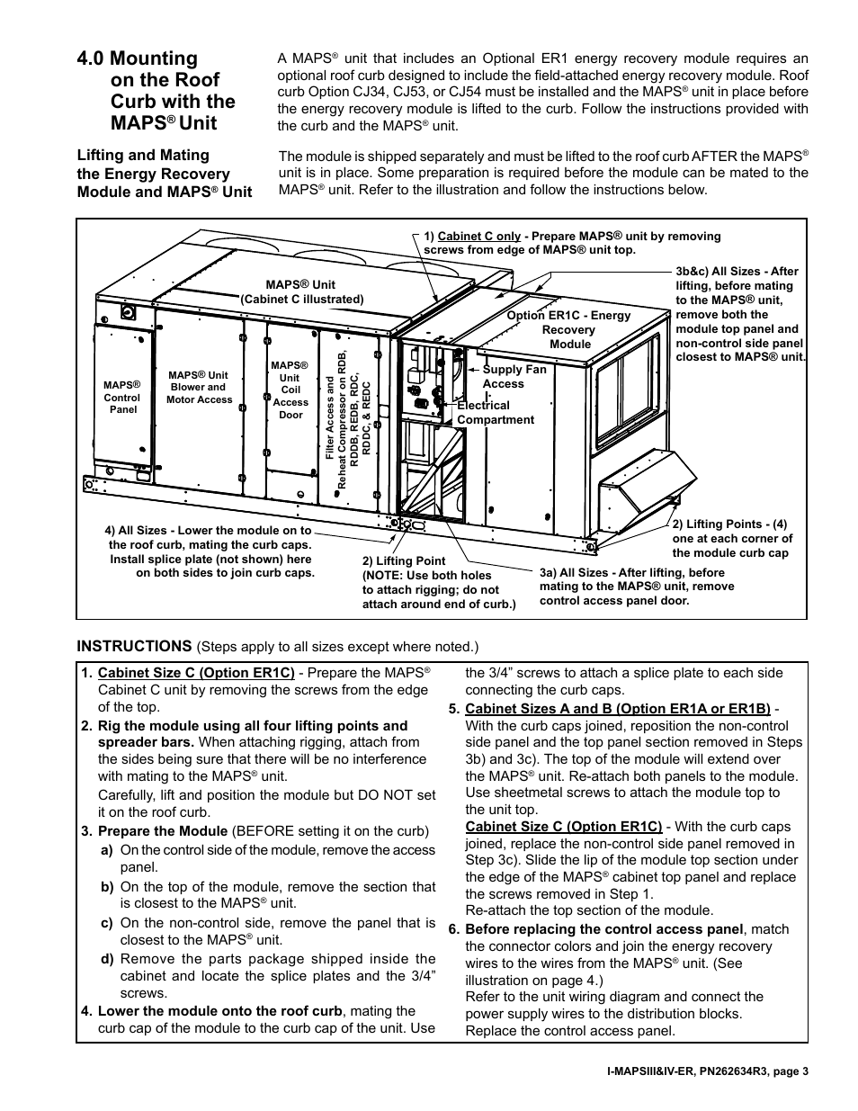 0 mounting on the roof curb with the maps, Unit | Reznor MAPS IV Option - Installation - Energy Recovery Module Installation User Manual | Page 3 / 12