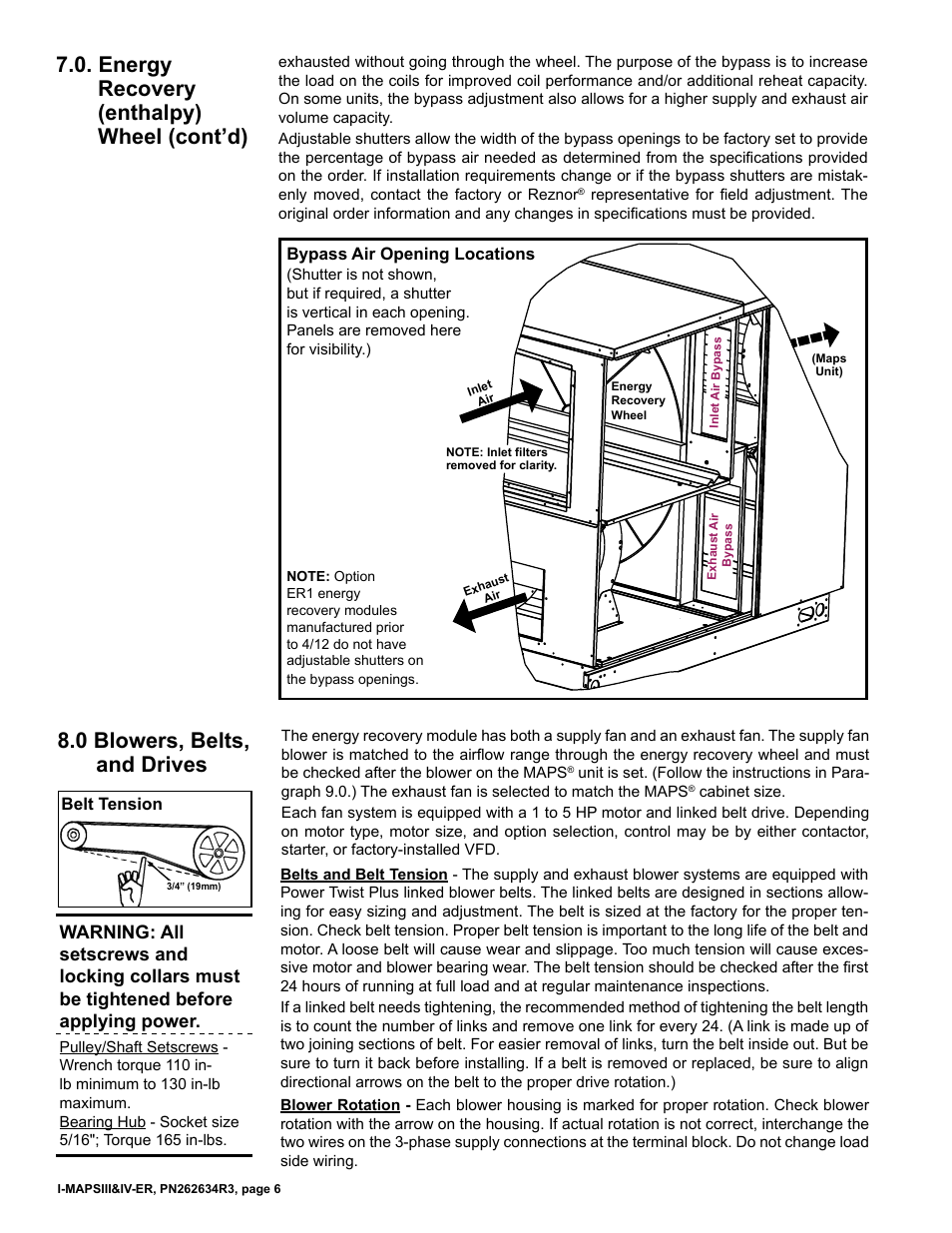 0 blowers, belts, and drives, Energy recovery (enthalpy) wheel (cont’d) | Reznor MAPS IV Option - Installation - Energy Recovery Module Installation User Manual | Page 6 / 12