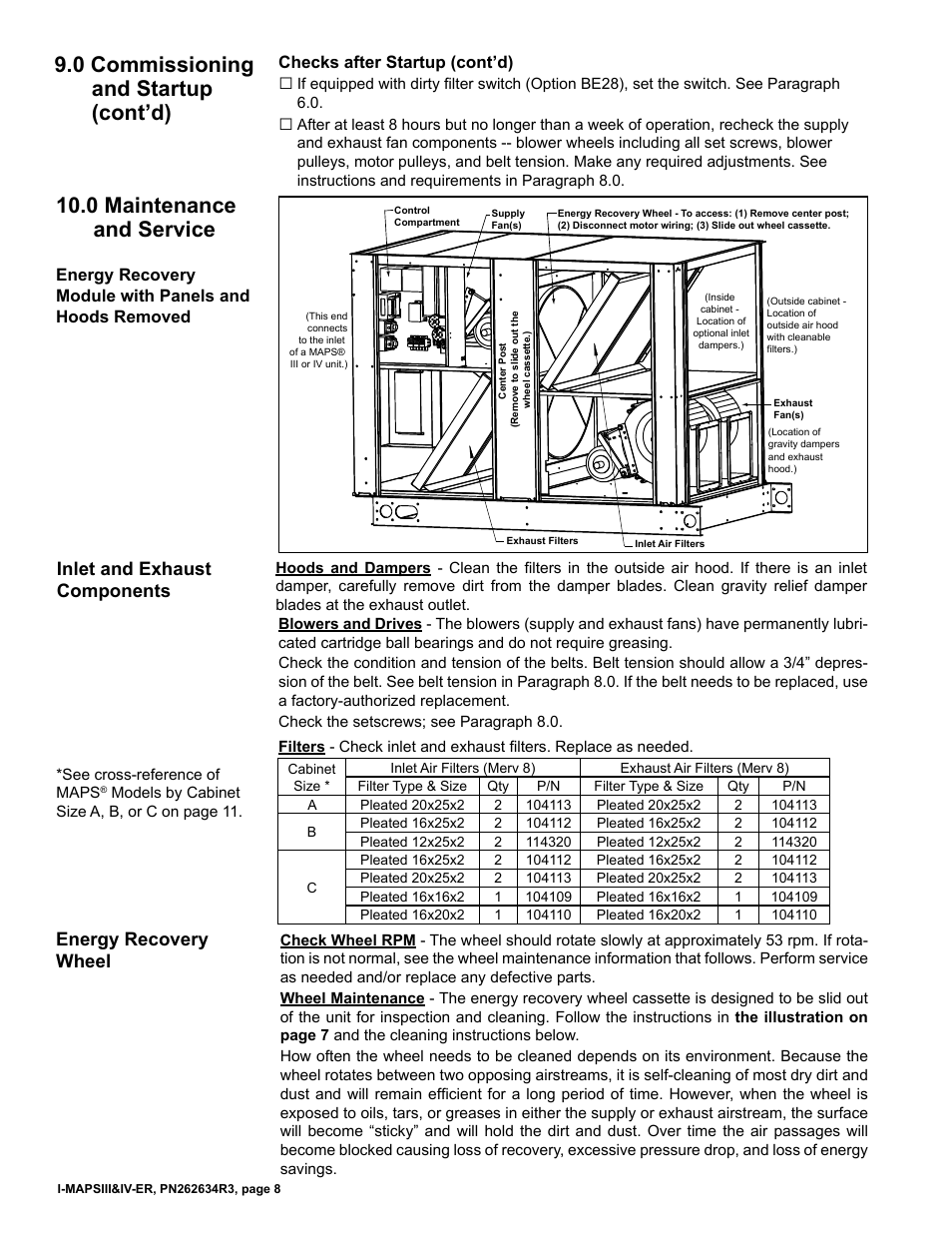 0 maintenance and service, 0 commissioning and startup (cont’d), Inlet and exhaust components | Energy recovery wheel | Reznor MAPS IV Option - Installation - Energy Recovery Module Installation User Manual | Page 8 / 12