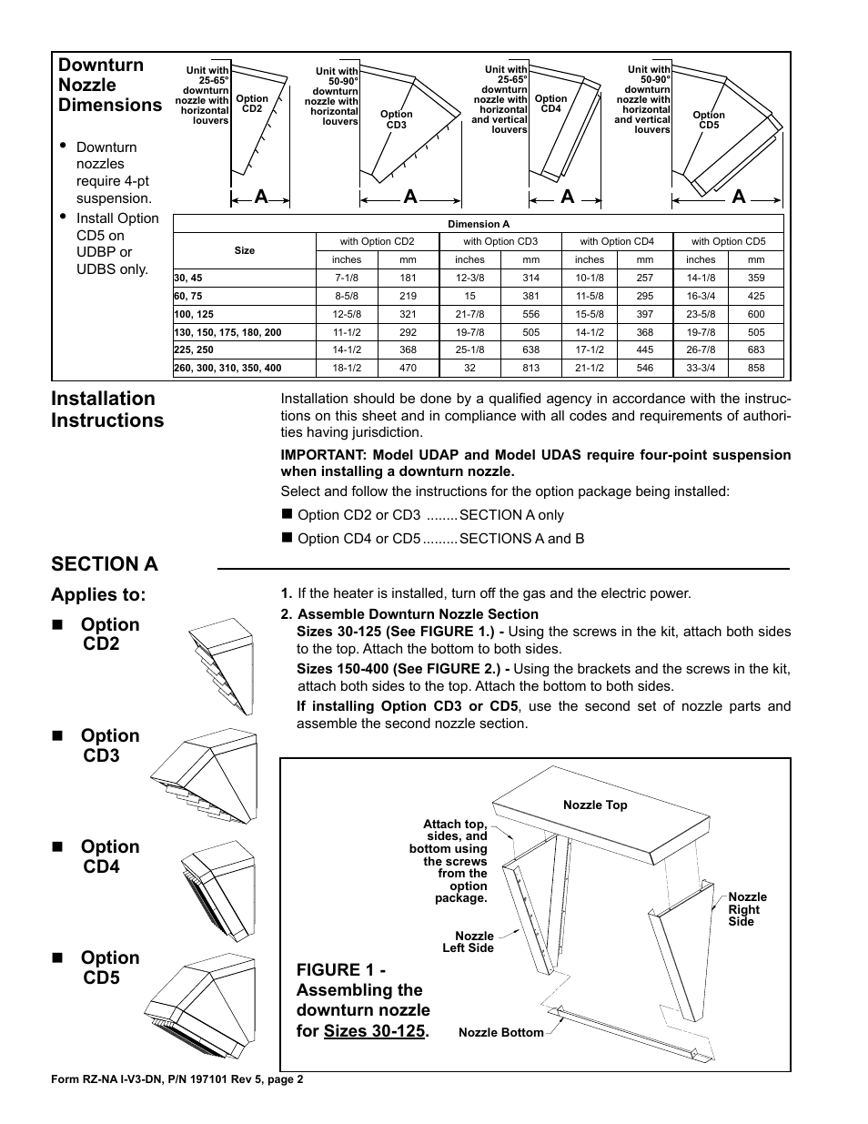 Installation instructions, Applies to, Option cd2 | Option cd3, Option cd4, Option cd5, Downturn nozzle dimensions | Reznor UDBS Option - Installation - Downturn Nozzles - V3 User Manual | Page 2 / 4