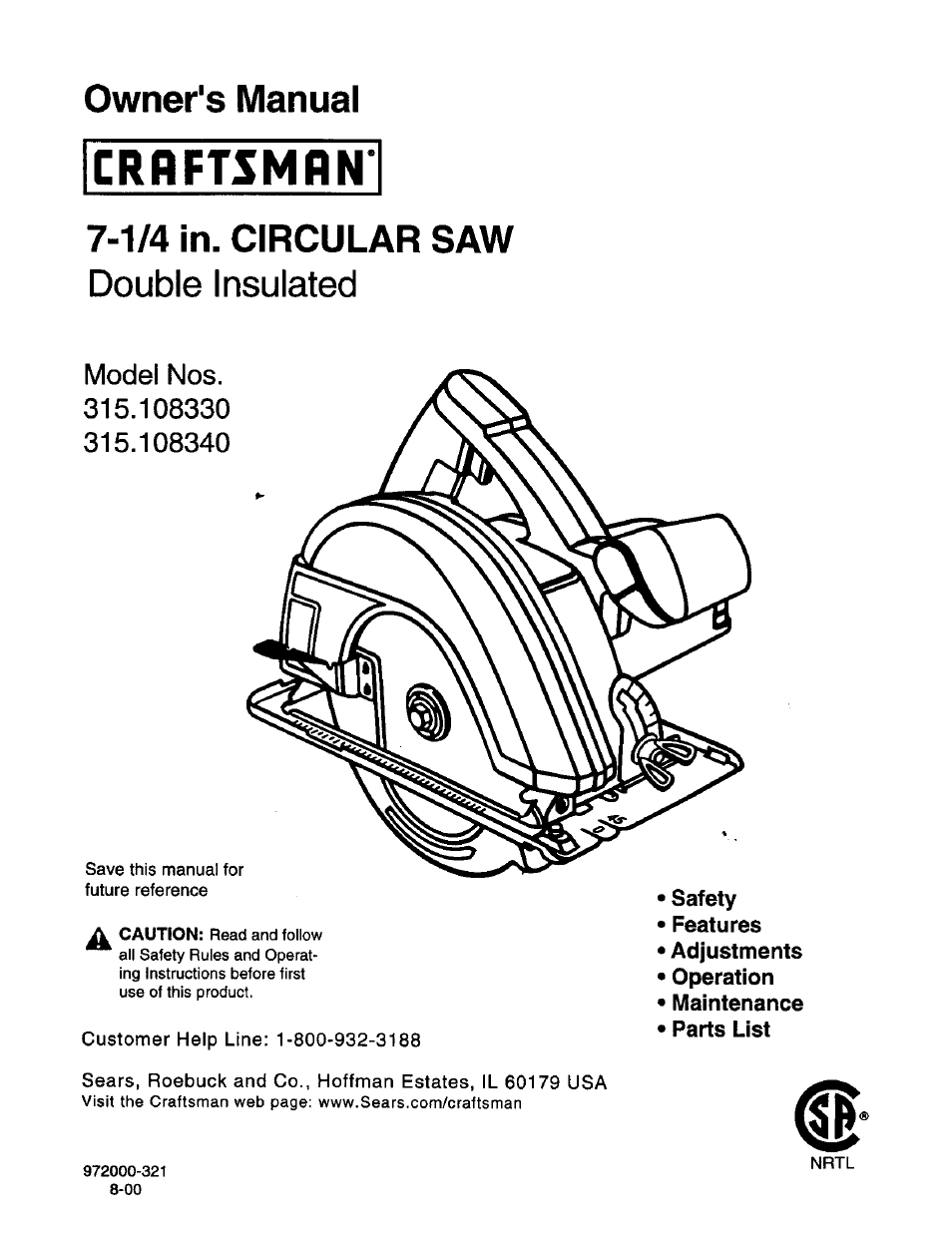 Craftsman 315.108340 User Manual | 20 pages