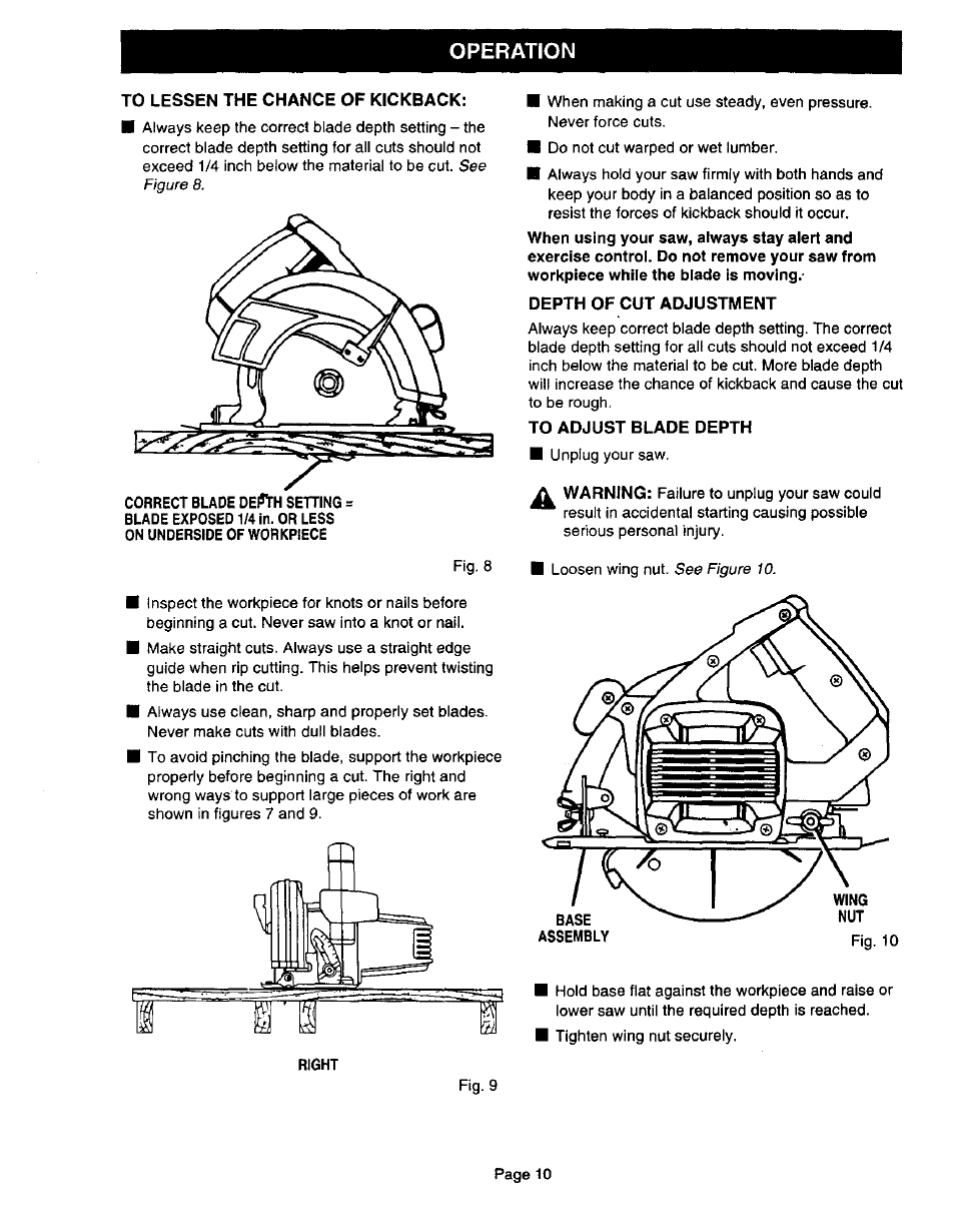 To lessen the chance of kickback, Depth of cut adjustment, To adjust blade depth | Operation | Craftsman 315.108340 User Manual | Page 10 / 20