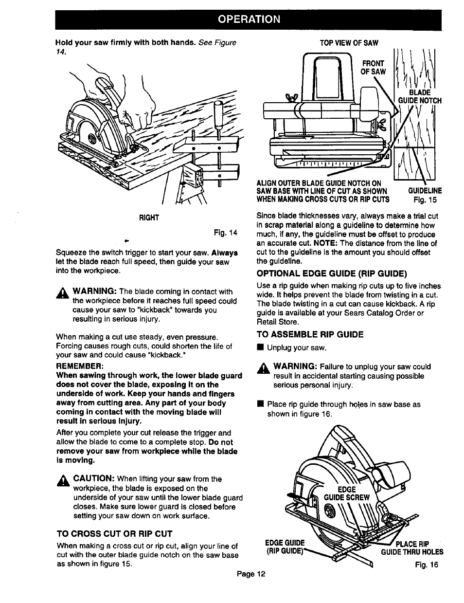 Remember, To cross cut or rip cut, Optional edge guide (rip guide) | To assemble rip guide, Operation | Craftsman 315.108340 User Manual | Page 12 / 20