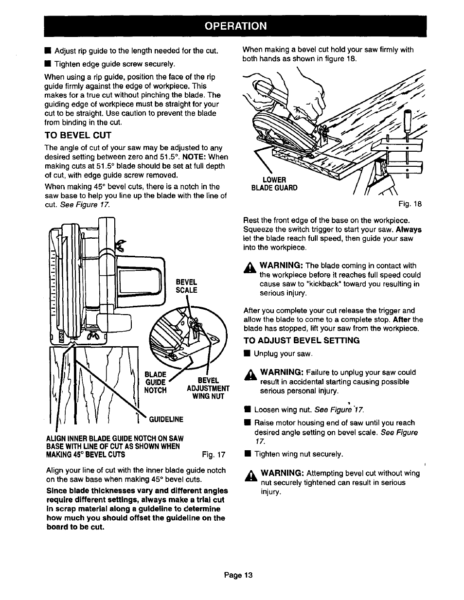 To bevel cut, To adjust bevel setting, Operation | Craftsman 315.108340 User Manual | Page 13 / 20