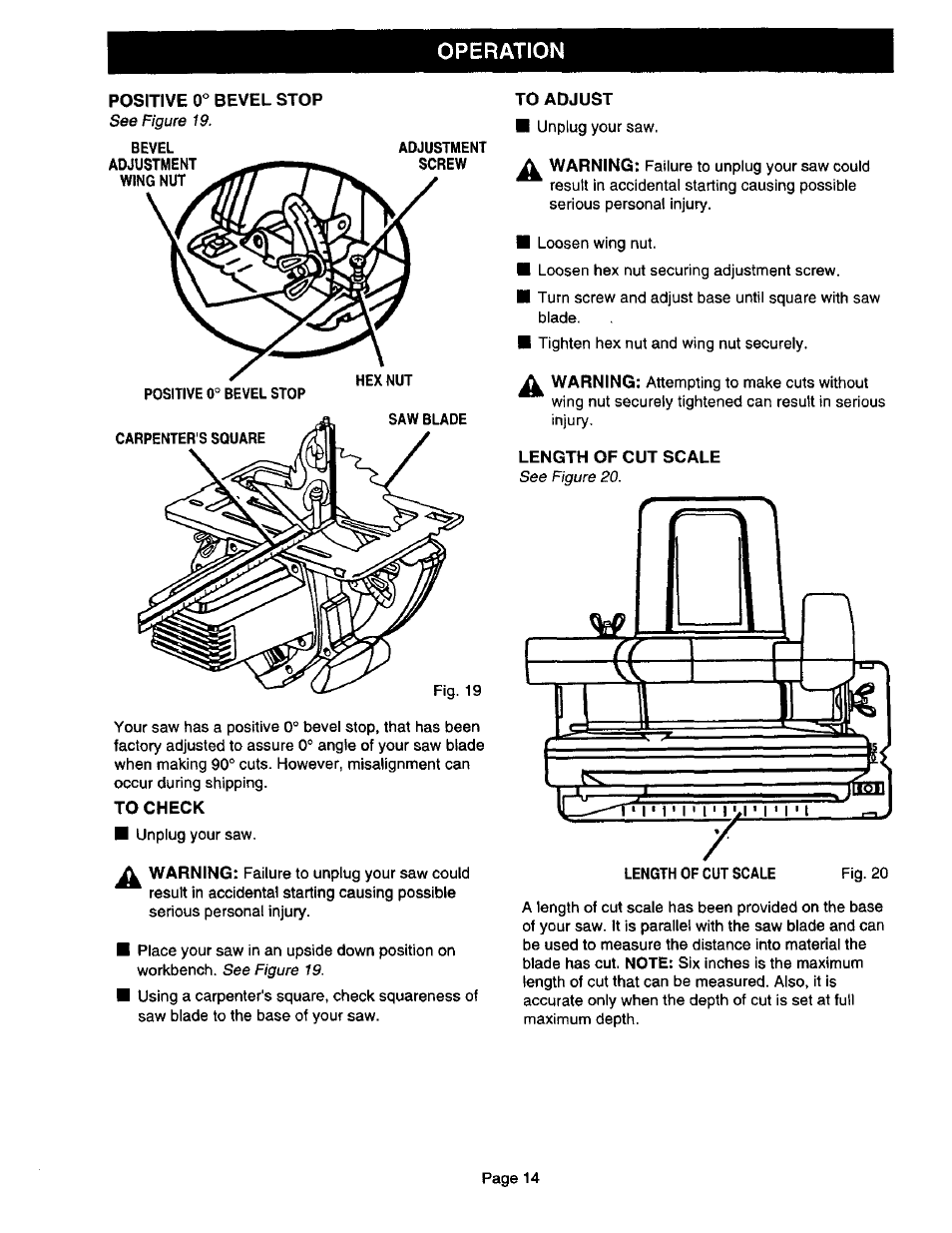 Positive 0° bevel stop, To check, To adjust | Length of cut scale, Operation | Craftsman 315.108340 User Manual | Page 14 / 20
