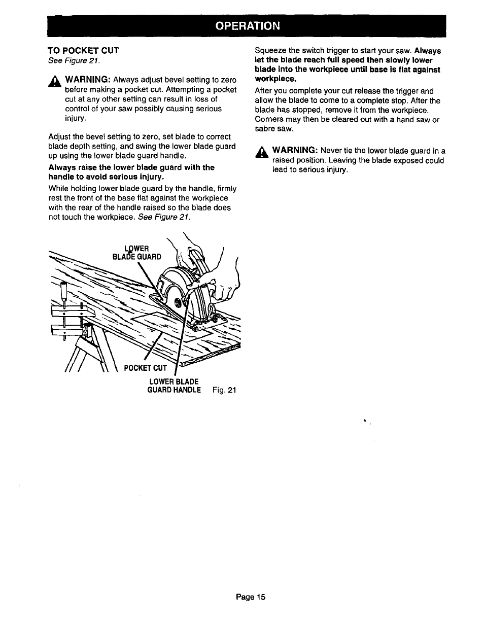 To pocket cut, Operation | Craftsman 315.108340 User Manual | Page 15 / 20