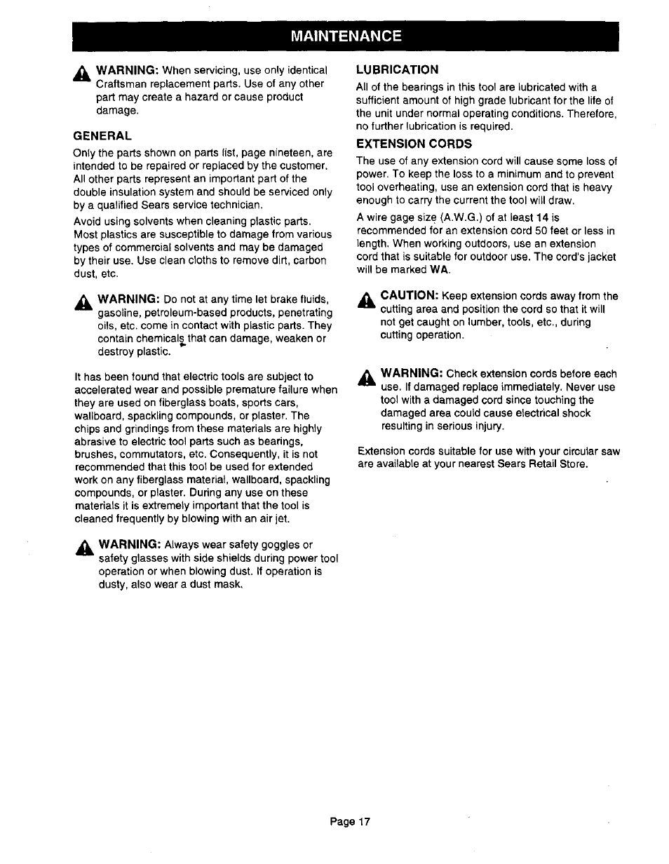 General, Lubrication, Extension cords | Maintenance | Craftsman 315.108340 User Manual | Page 17 / 20