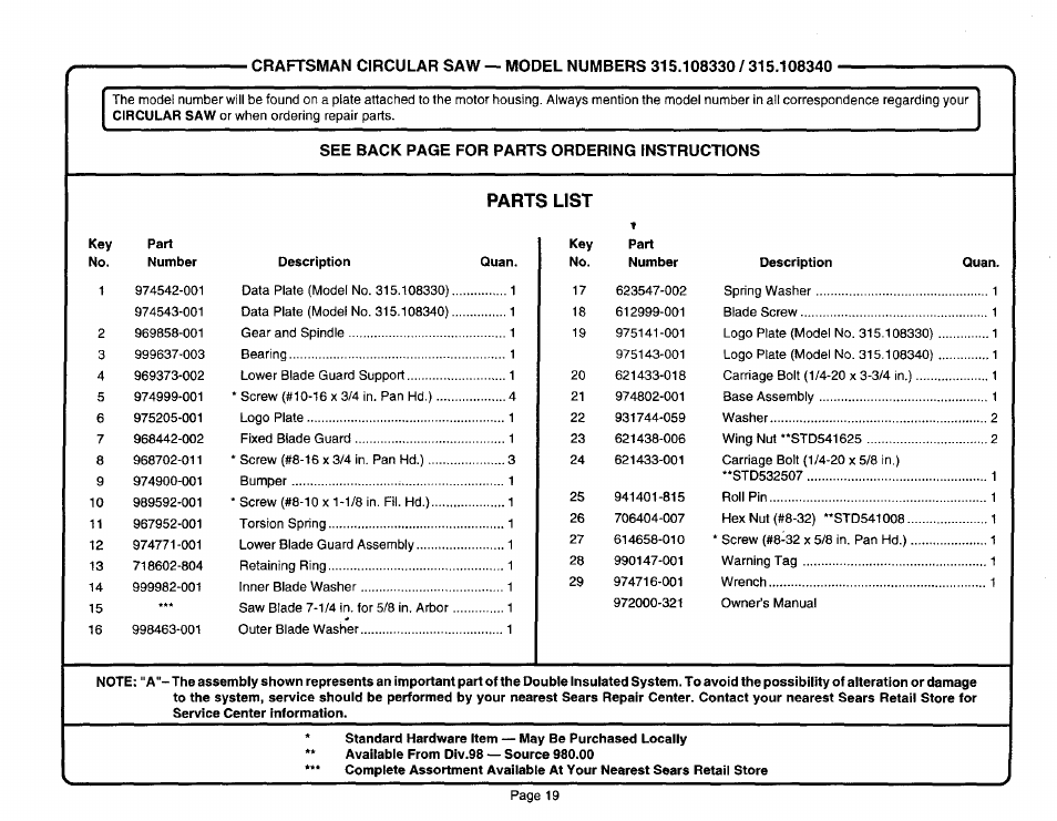 Description quan | Craftsman 315.108340 User Manual | Page 19 / 20
