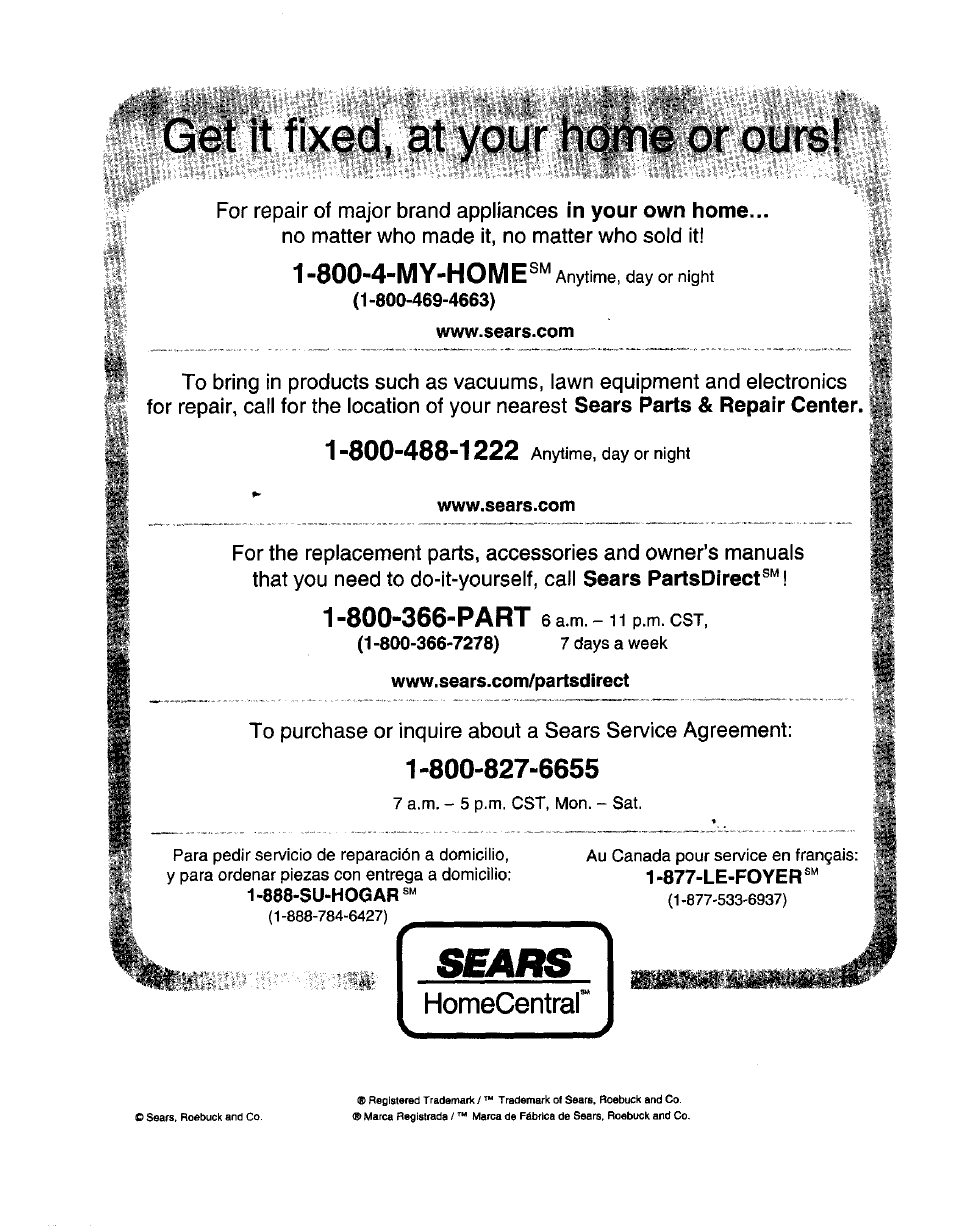 Www.sears.com, Www.sears.com/partsdirect, 800-4-my-home | Sears parts & repair center, Sears partsdirect | Craftsman 315.108340 User Manual | Page 20 / 20