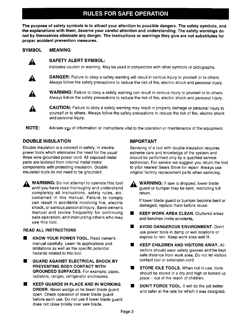 Rules for safe operation | Craftsman 315.108340 User Manual | Page 3 / 20