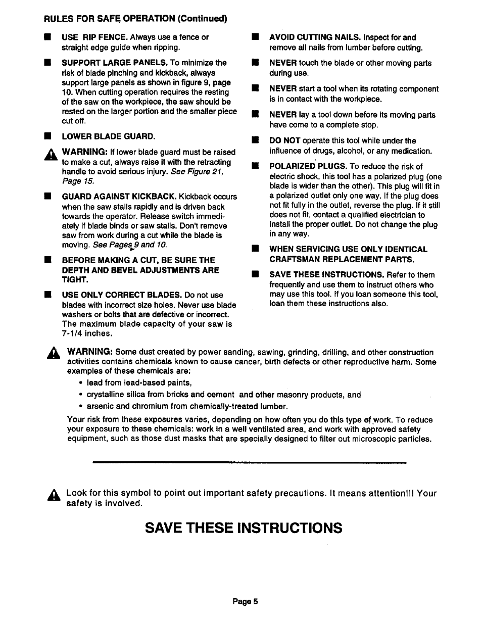 Save these instructions | Craftsman 315.108340 User Manual | Page 5 / 20