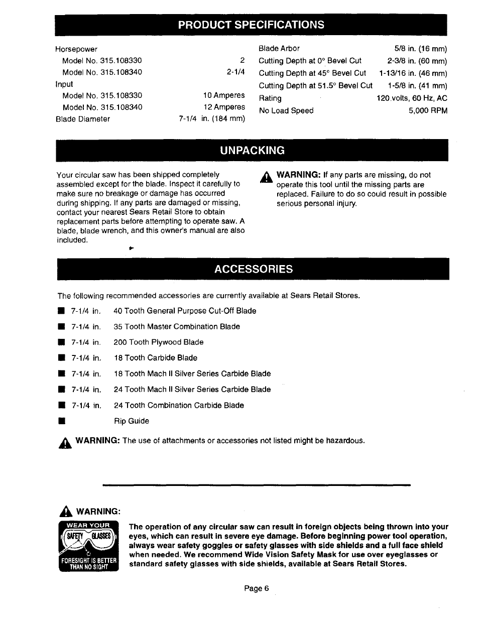 Product specifications, Unpacking, Accessories | Craftsman 315.108340 User Manual | Page 6 / 20