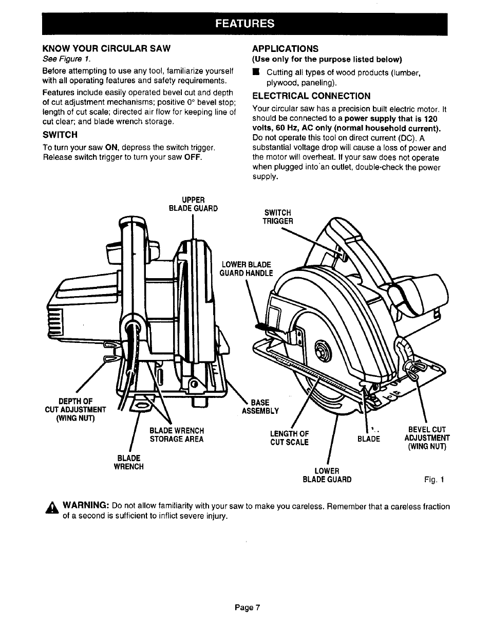 Features, Know your circular saw, Switch | Applications, Electrical connection | Craftsman 315.108340 User Manual | Page 7 / 20