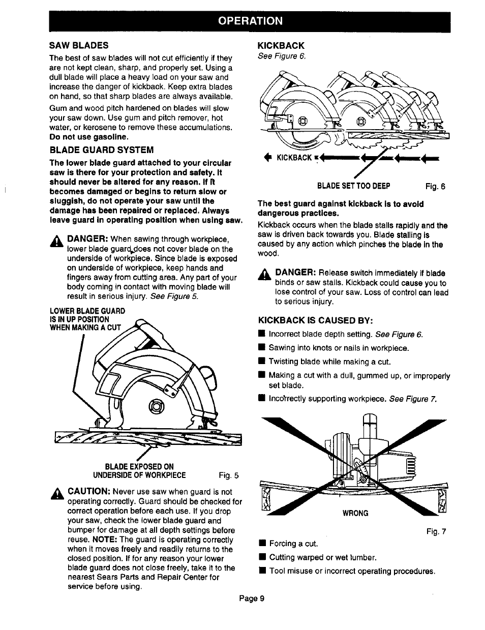 Saw blades, Blade guard system, Kickback | Kickback is caused by, Operation | Craftsman 315.108340 User Manual | Page 9 / 20