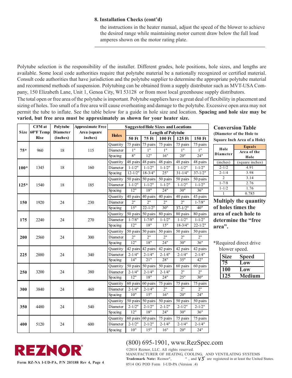 Installation instructions (cont’d), Polytube selection, Conversion table | Reznor UDBS Option - Installation - Polytube Adapter Instructions User Manual | Page 4 / 4
