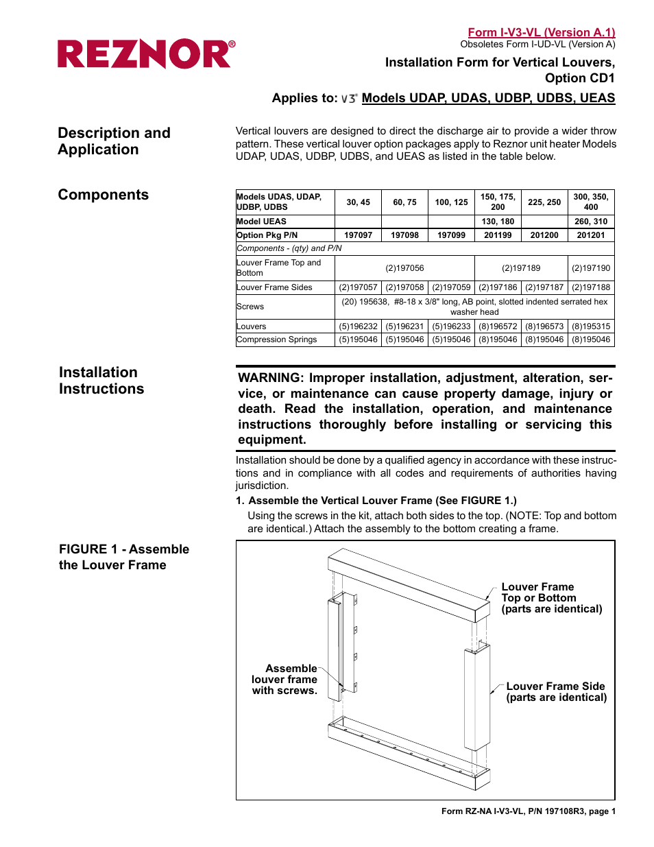 Reznor UDBP Option - Installation - Vertical Louvers - V3 Series User Manual | 2 pages