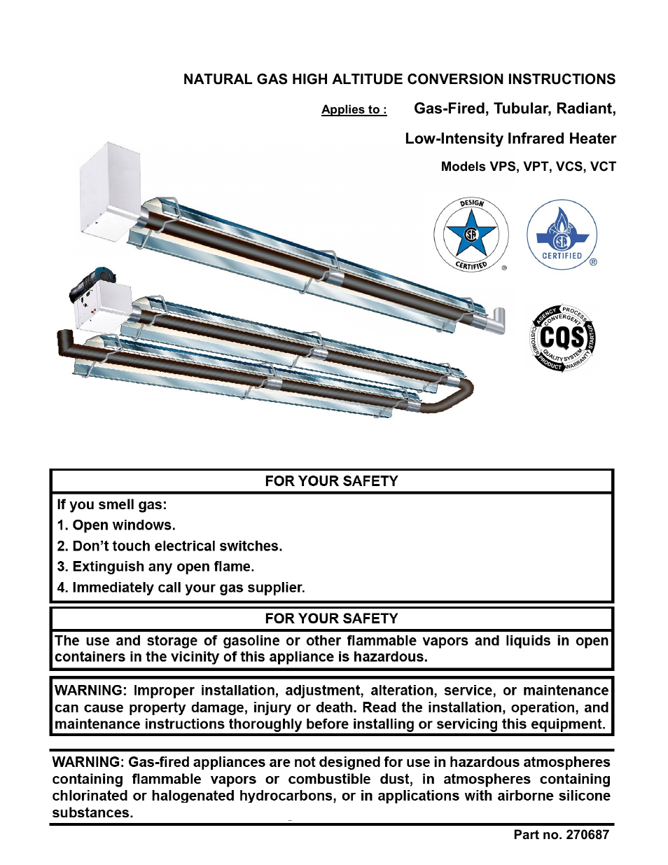 Reznor VC series infrared heaters High altitude conversion instructions User Manual | 12 pages