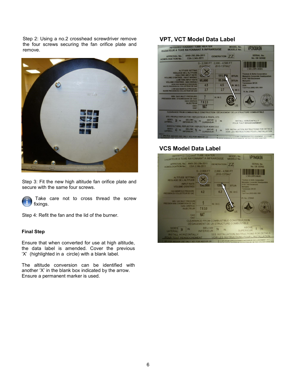 Reznor VC series infrared heaters High altitude conversion instructions User Manual | Page 6 / 12