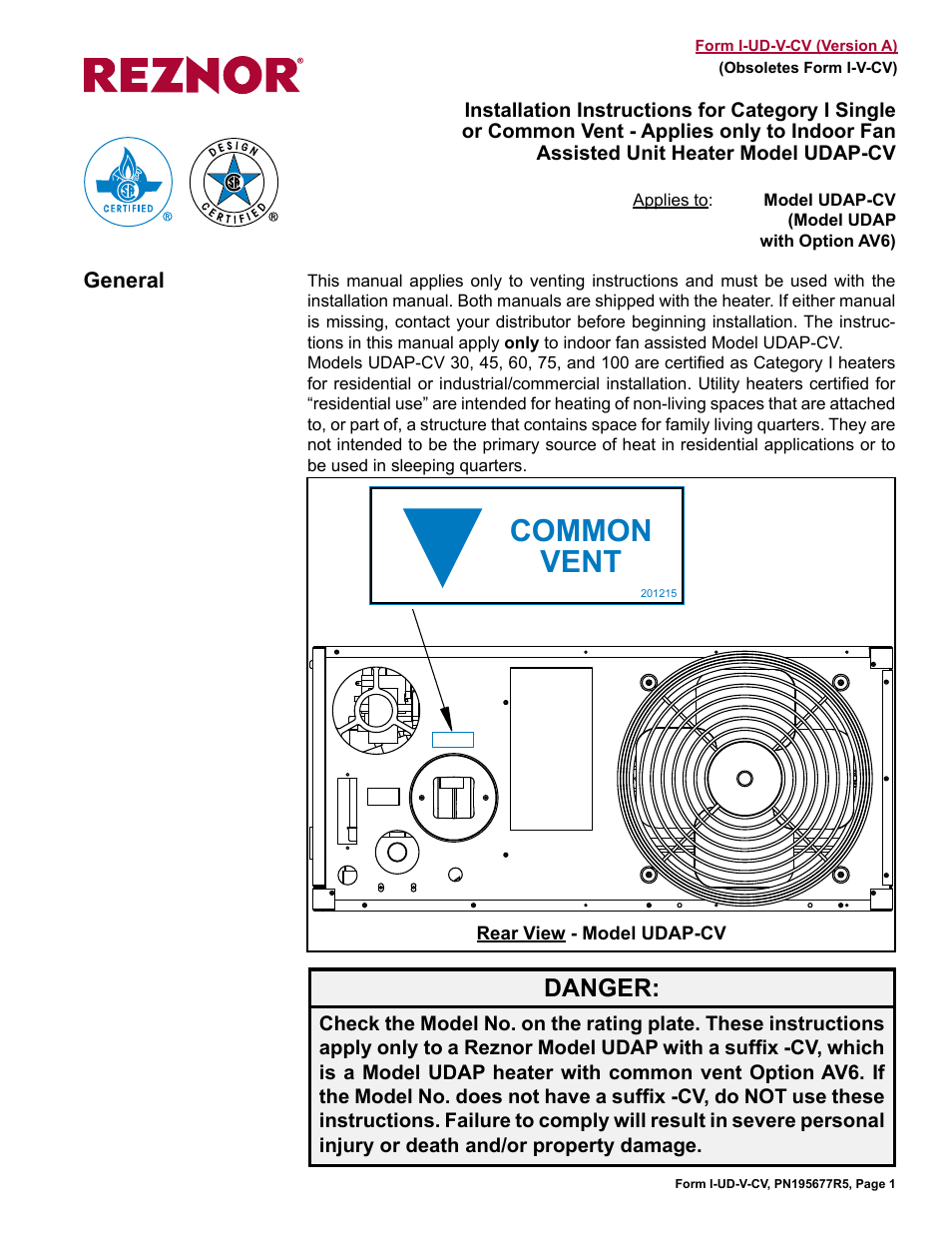 Reznor UDAP-CV with option AV6 Option - Installation - Common Vent User Manual | 8 pages