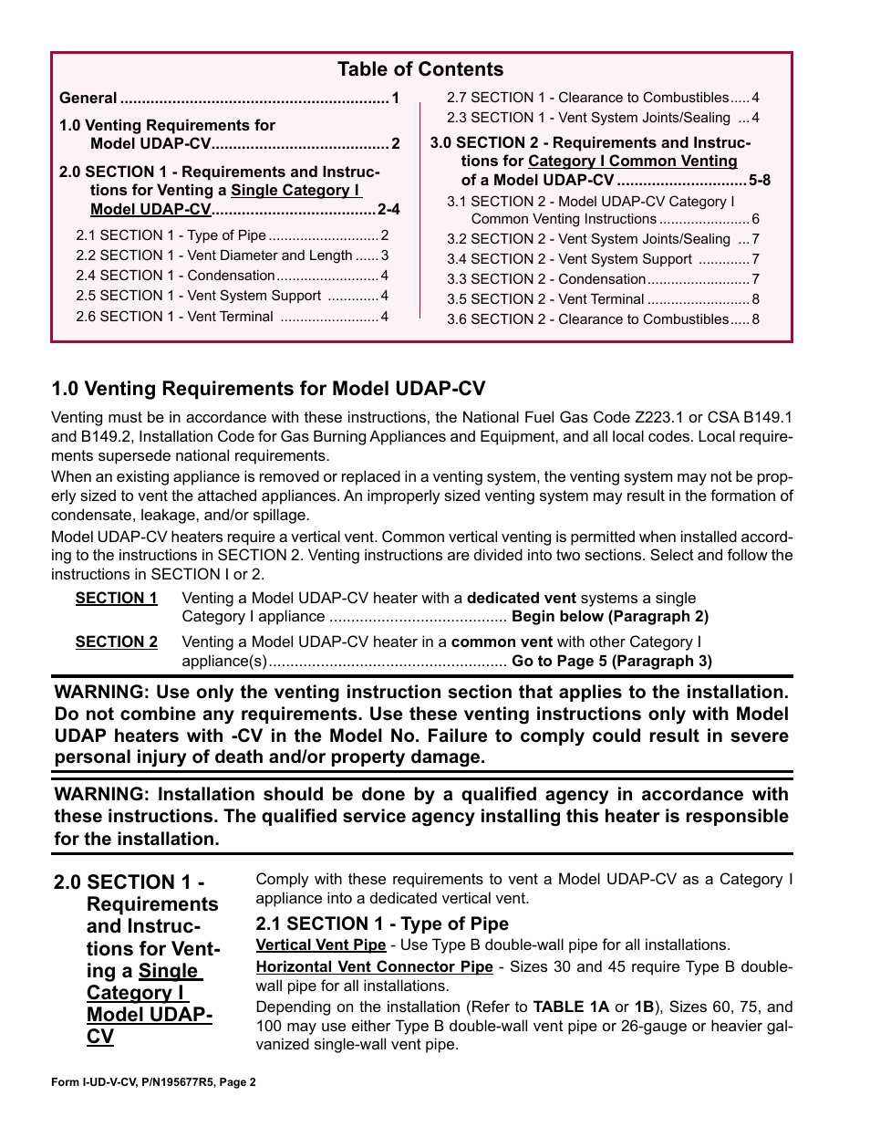 Reznor UDAP-CV with option AV6 Option - Installation - Common Vent User Manual | Page 2 / 8
