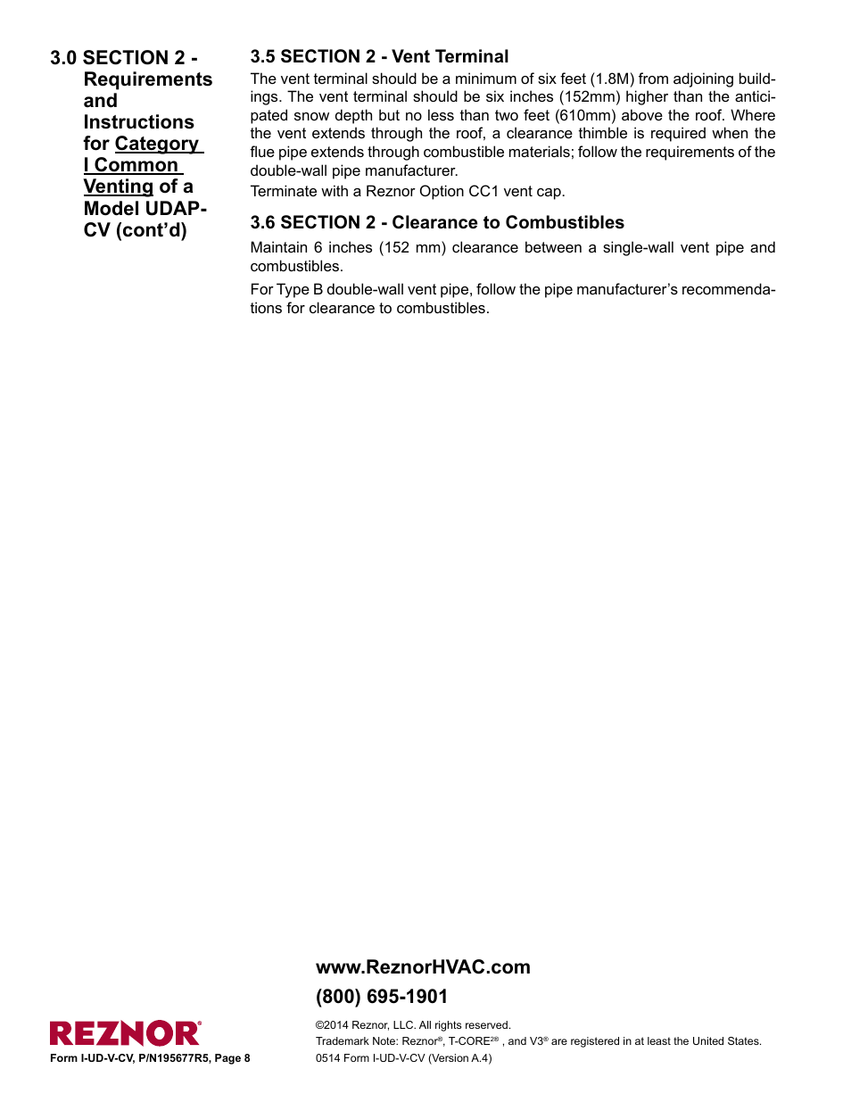 Reznor UDAP-CV with option AV6 Option - Installation - Common Vent User Manual | Page 8 / 8