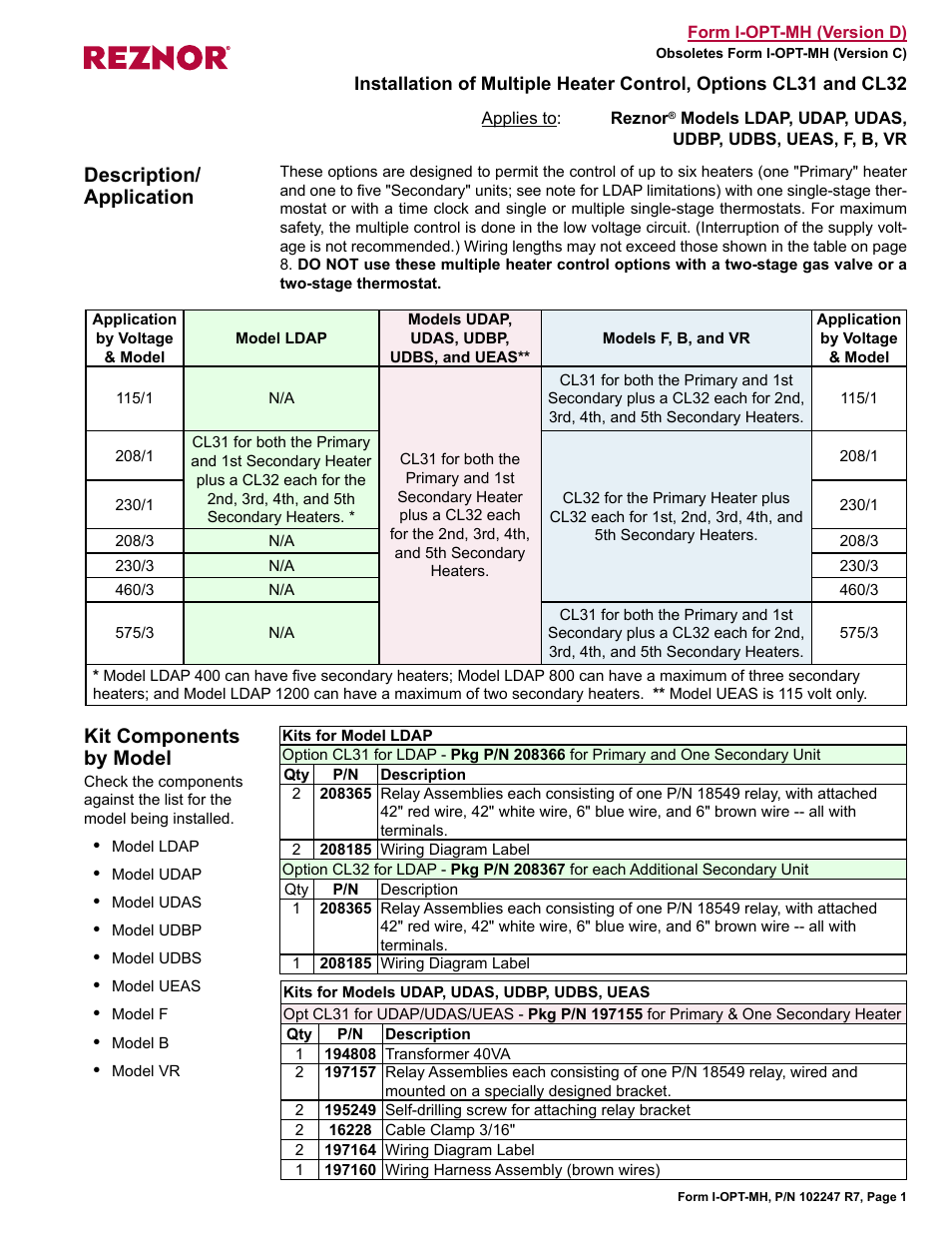 Reznor VR Option - Installation - Multiple Heater Control (Options CL31 and CL32) User Manual | 8 pages