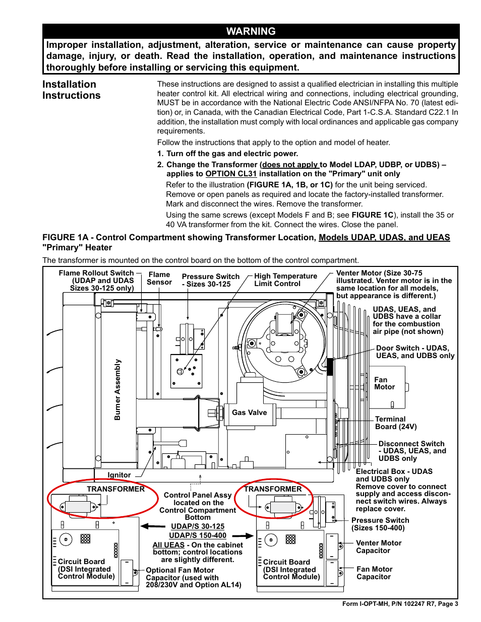 Installation instructions warning | Reznor VR Option - Installation - Multiple Heater Control (Options CL31 and CL32) User Manual | Page 3 / 8