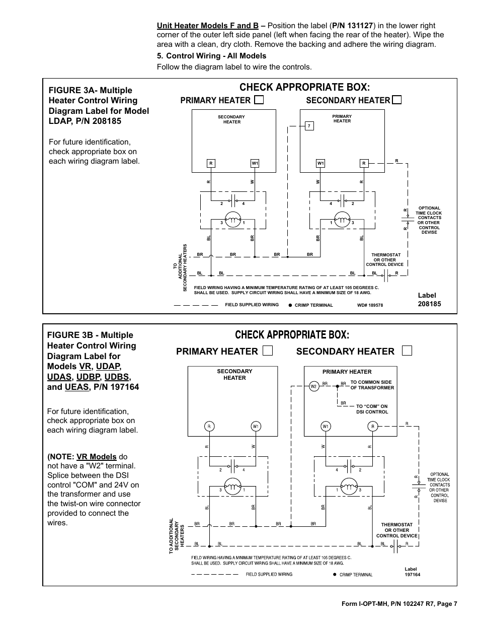 Check appropriate box, Primary heater secondary heater | Reznor VR Option - Installation - Multiple Heater Control (Options CL31 and CL32) User Manual | Page 7 / 8