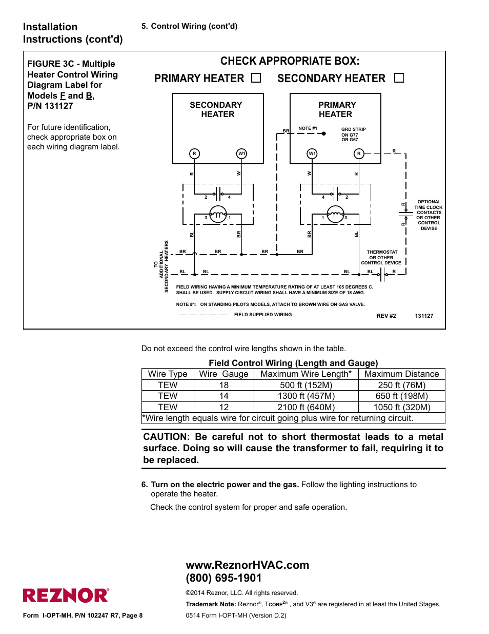 Installation instructions (cont'd), Primary heater, Heater secondary | Reznor VR Option - Installation - Multiple Heater Control (Options CL31 and CL32) User Manual | Page 8 / 8