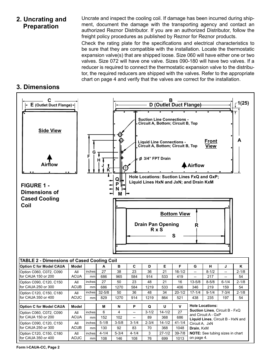 Uncrating and preparation, Dimensions, Figure 1 - dimensions of cased cooling coil | Reznor ACUB Option - Installation - ACU - Cased Cooling Coil User Manual | Page 2 / 8