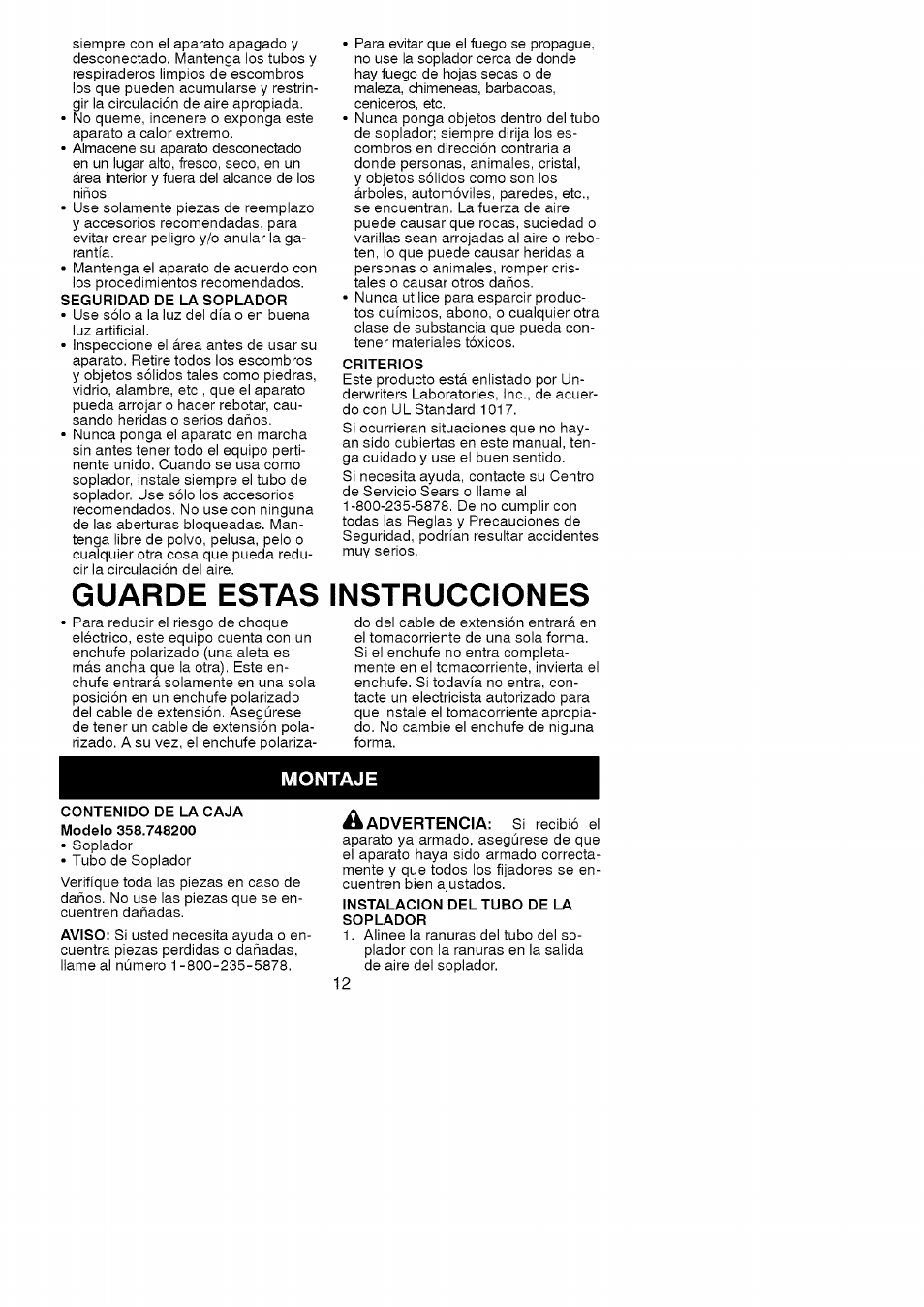 Guarde estas instrucciones, Montaje | Craftsman 358.748200 User Manual | Page 12 / 16