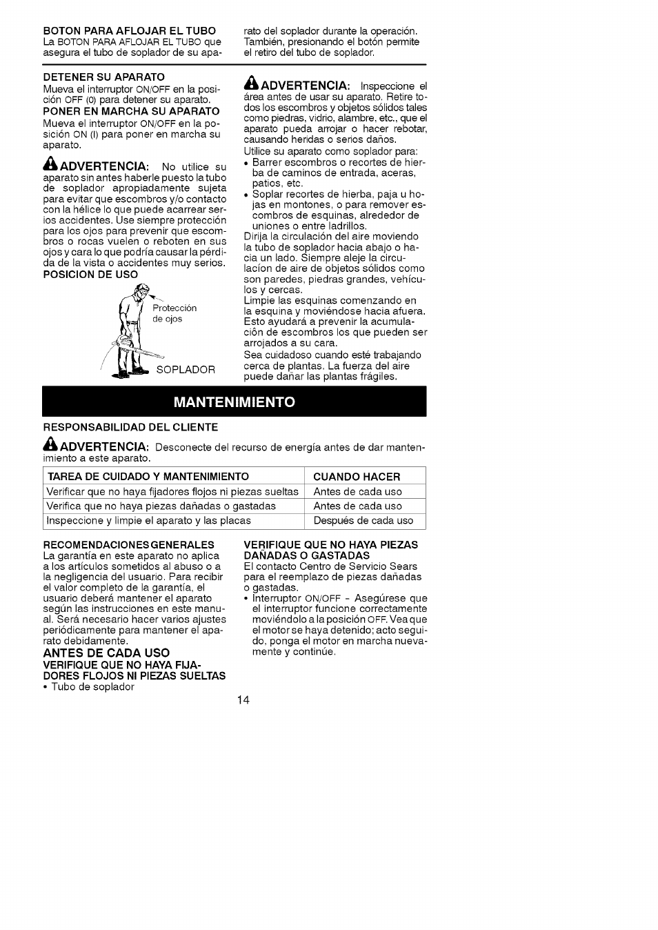 Mantenimiento | Craftsman 358.748200 User Manual | Page 14 / 16