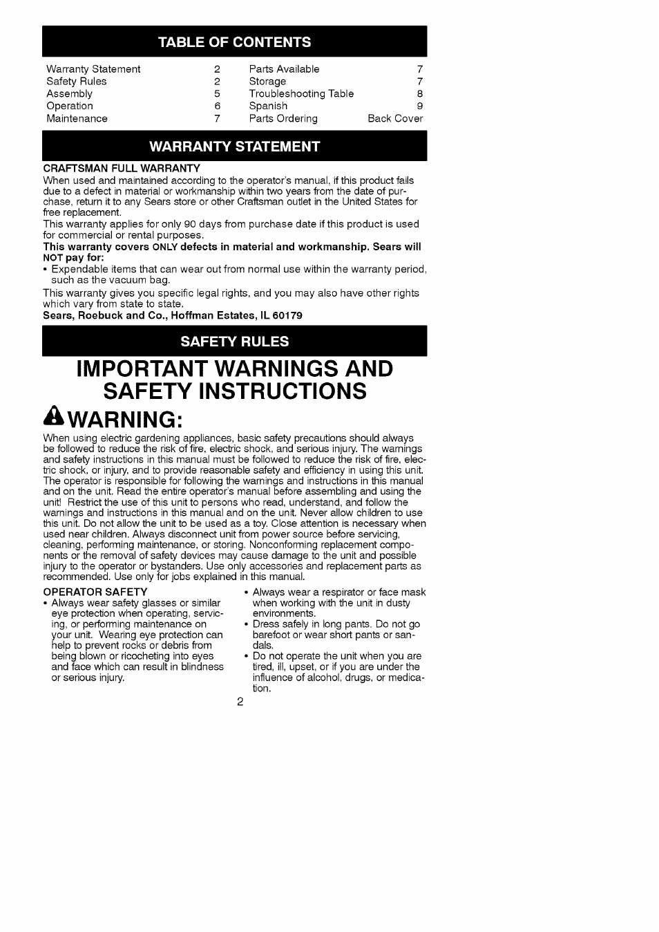 Important warnings and safety instructions, Warning | Craftsman 358.748200 User Manual | Page 2 / 16