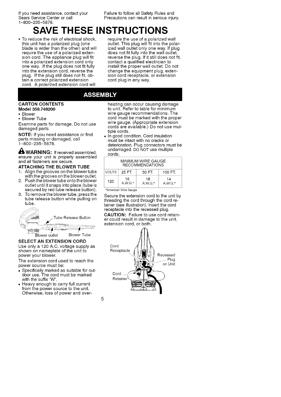 Save these instructions, Assembly | Craftsman 358.748200 User Manual | Page 5 / 16