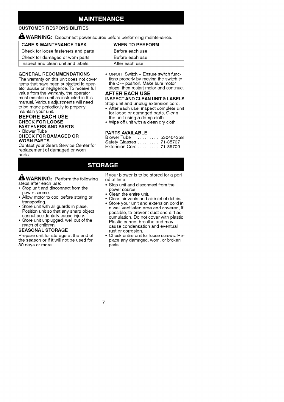 Maintenance, Storage | Craftsman 358.748200 User Manual | Page 7 / 16