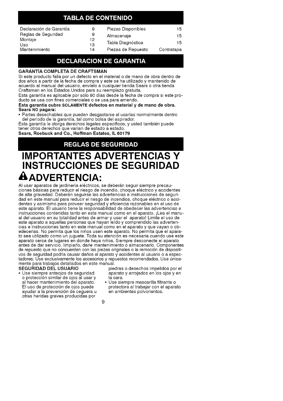 Aadvertencia, Dvertencia | Craftsman 358.748200 User Manual | Page 9 / 16