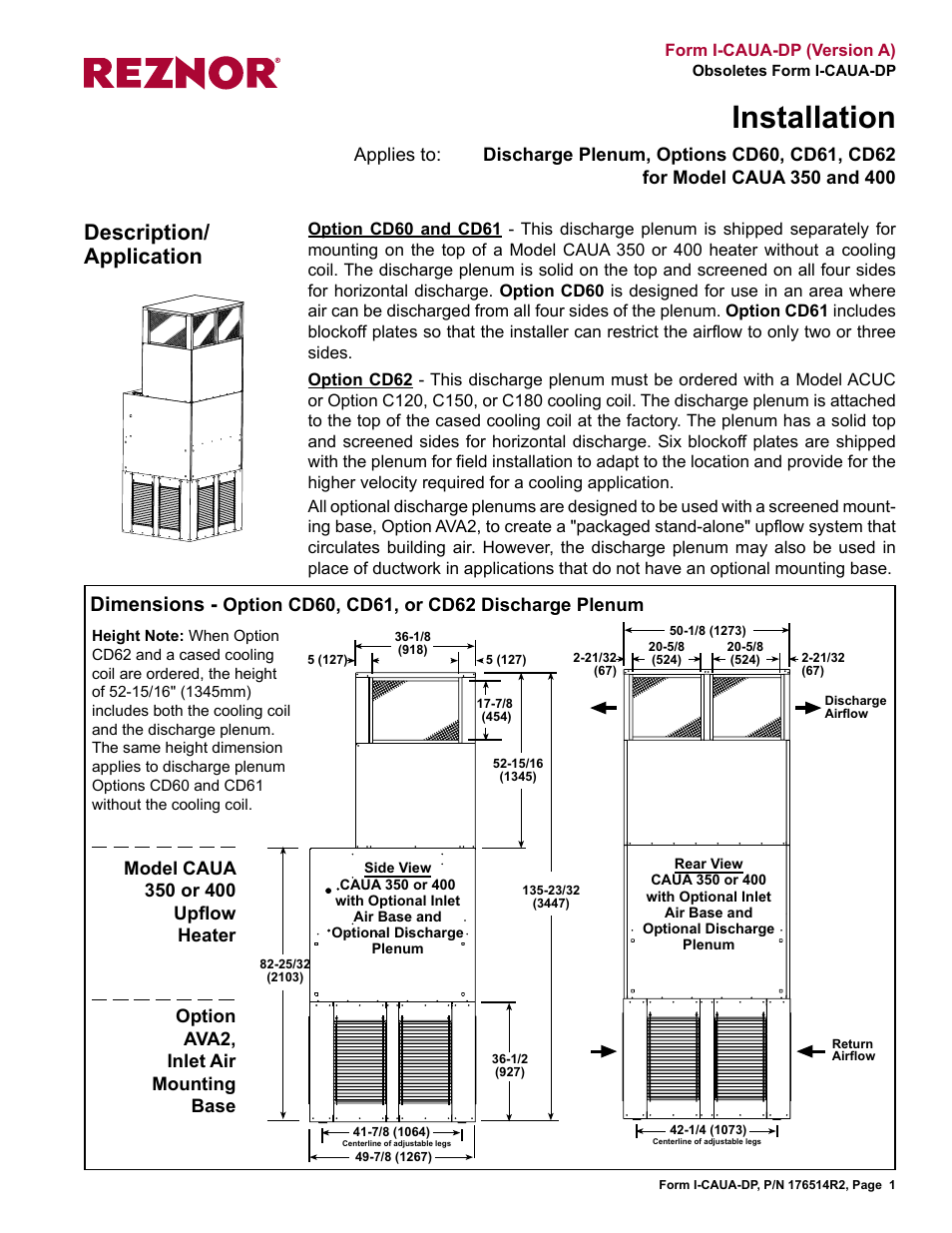 Reznor CAUA Option - Installation - Discharge Plenum (CD60, CD61, CD62) User Manual | 2 pages